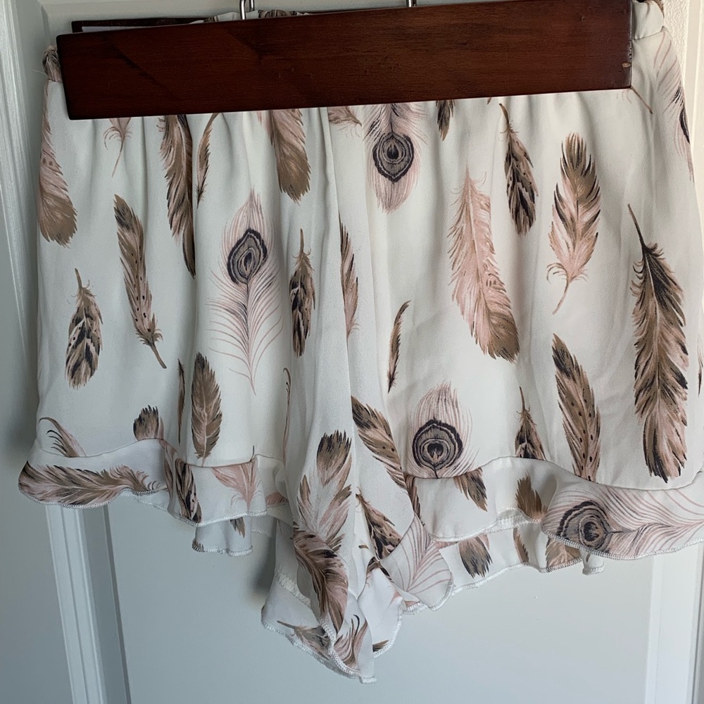Peach Love White Frilly Shorts with Feathers